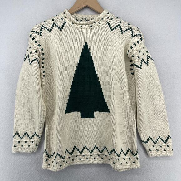 LIZSPORT Sweater PS Petite LIZ CLAIBORNE Christmas Tree Holiday Cream HK VTG - Picture 1 of 12